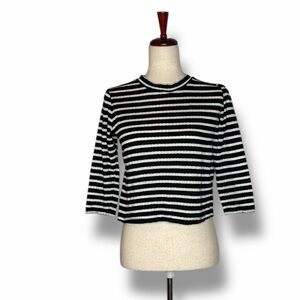 Free People Black & White Textured Stripe Cropped Tee Size Medium